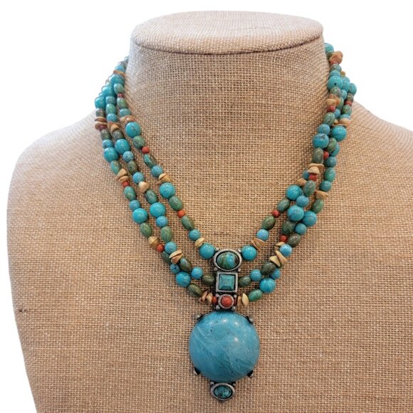 Turquoise Blue Beaded Pendant Necklace, Multistrand - Picture 1 of 10